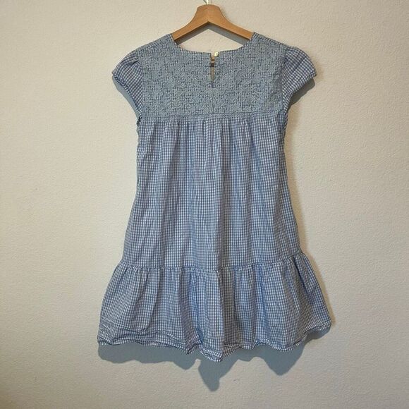 J. Marie Blue GIngham Plaid Lace Embroidered Tiered Mini Dress Womens Size Small - Picture 4 of 6